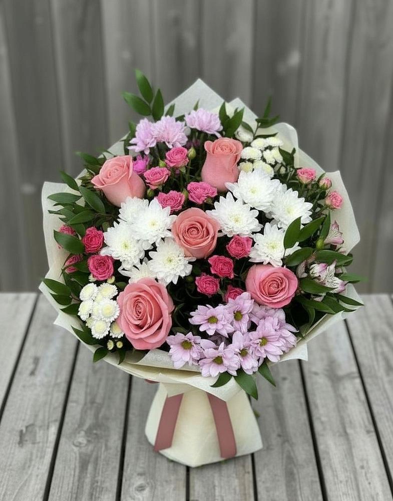 Букет цветов из: Альстромерии, Гвоздики, Розы и Хризантемы в Теплой Горе
