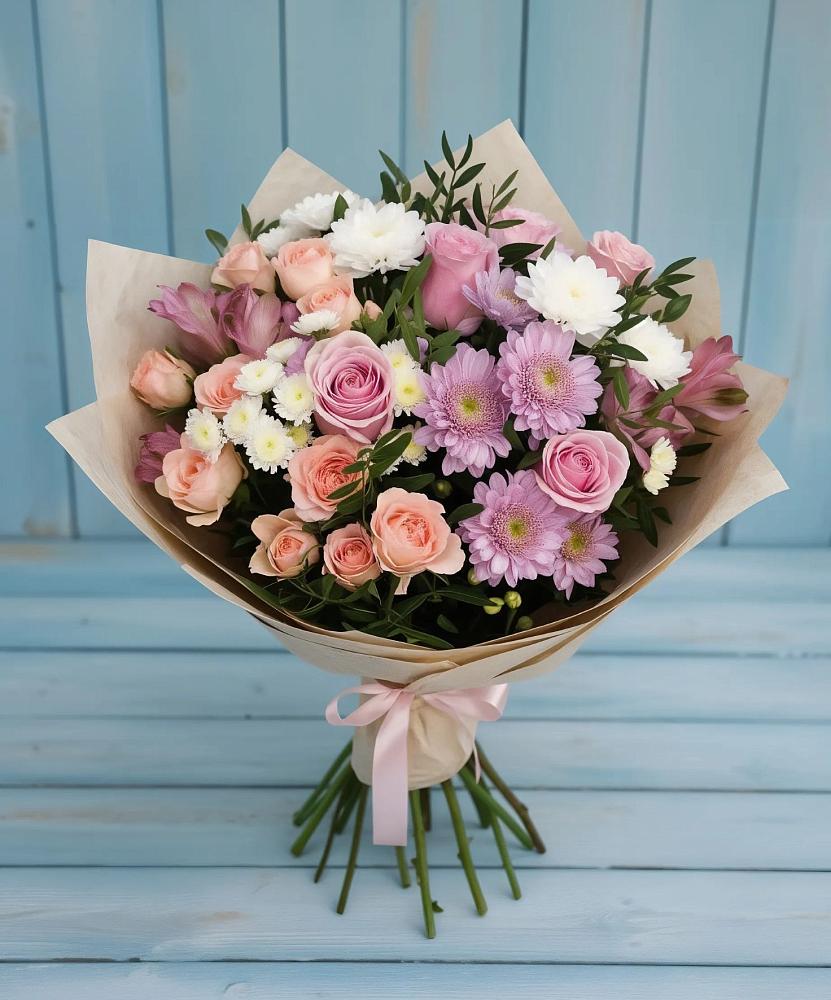 Букет цветов из: Хризантемы, Розы и Альстромерии в Теплой Горе