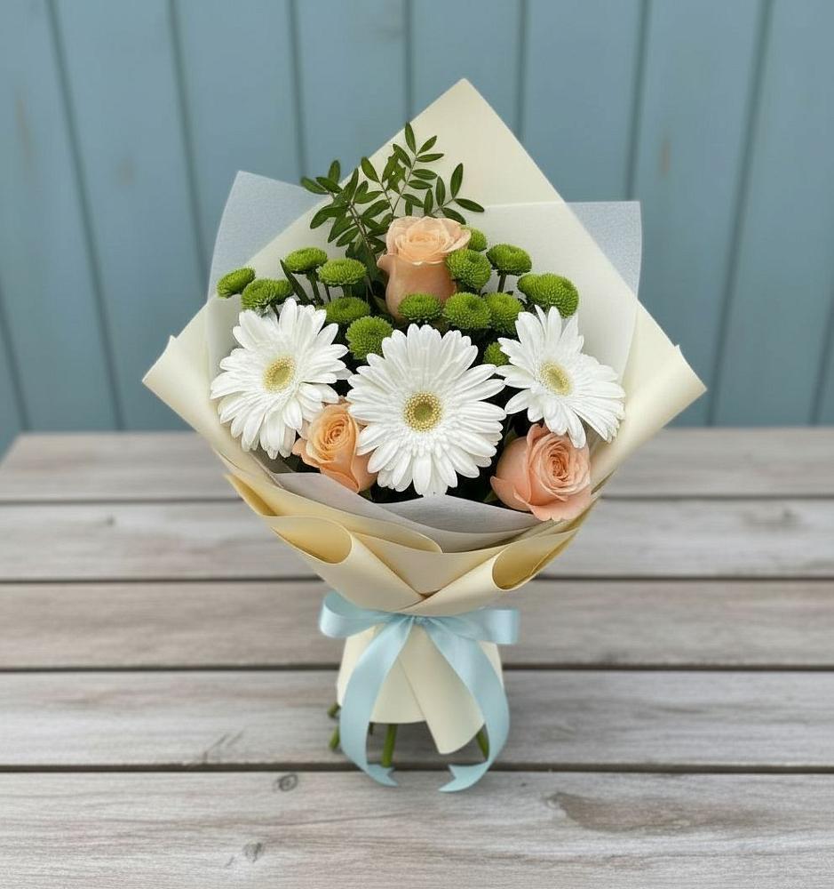 Букет цветов из: Герберы, Розы и Хризантемы в Теплой Горе