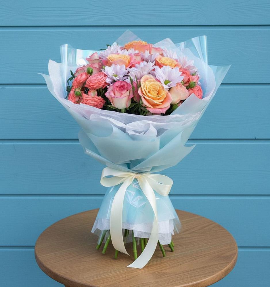 Букет цветов из: Хризантемы и Розы в Теплой Горе