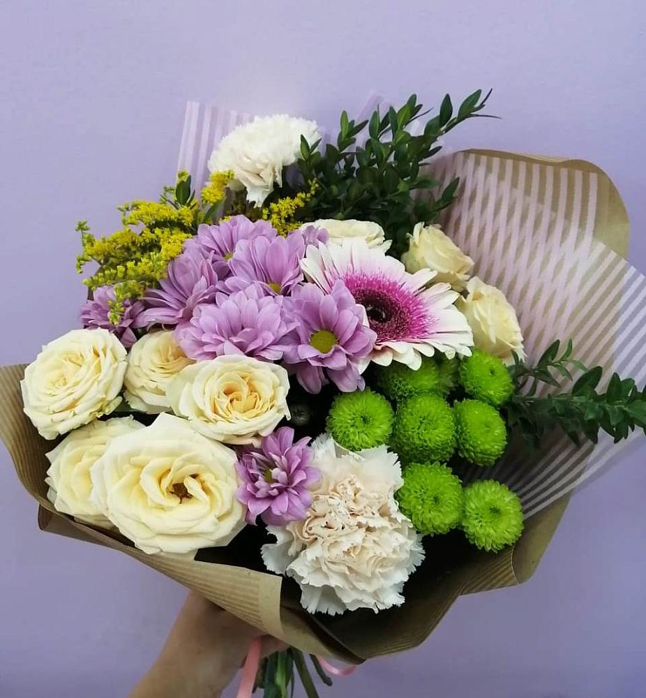 Букет цветов из: Хризантемы, Розы, Гвоздики и Герберы в Теплой Горе