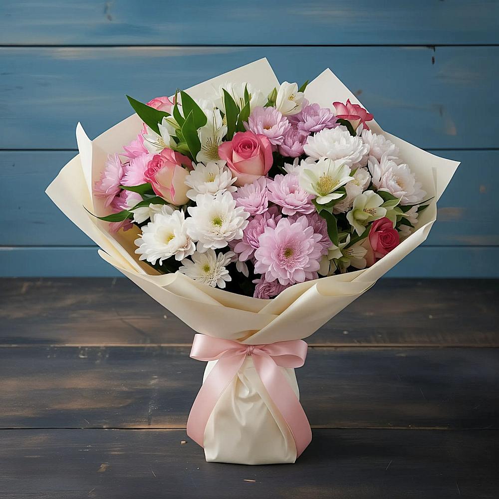 Букет цветов из: Хризантемы, Альстромерии и Розы в Теплой Горе